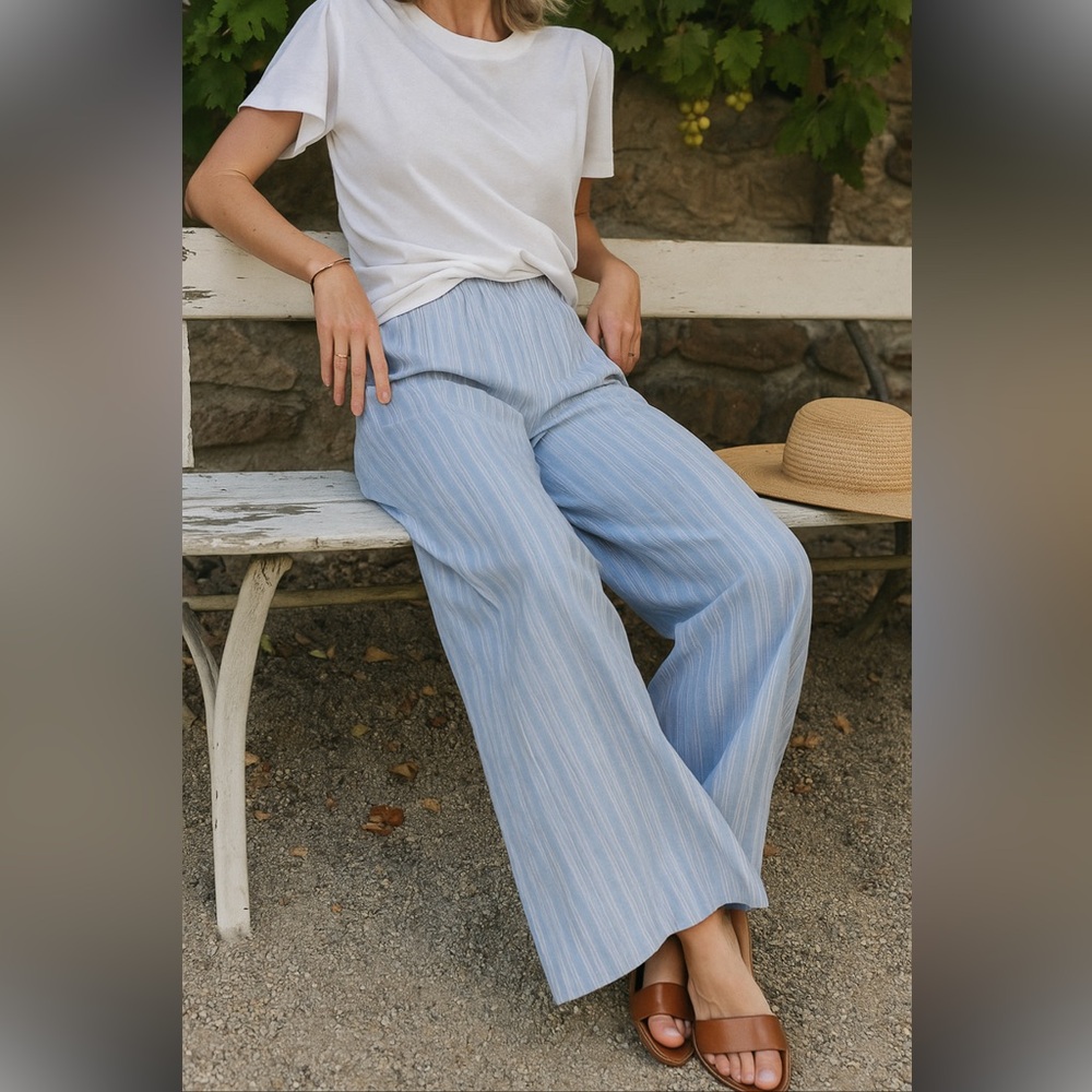COS Wide Leg Lt Blue & White Silk Pants w Elastic Waist & Side Pockets